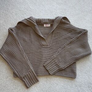 Cropped V-Neck Hooded Knit Sweater in Taupe